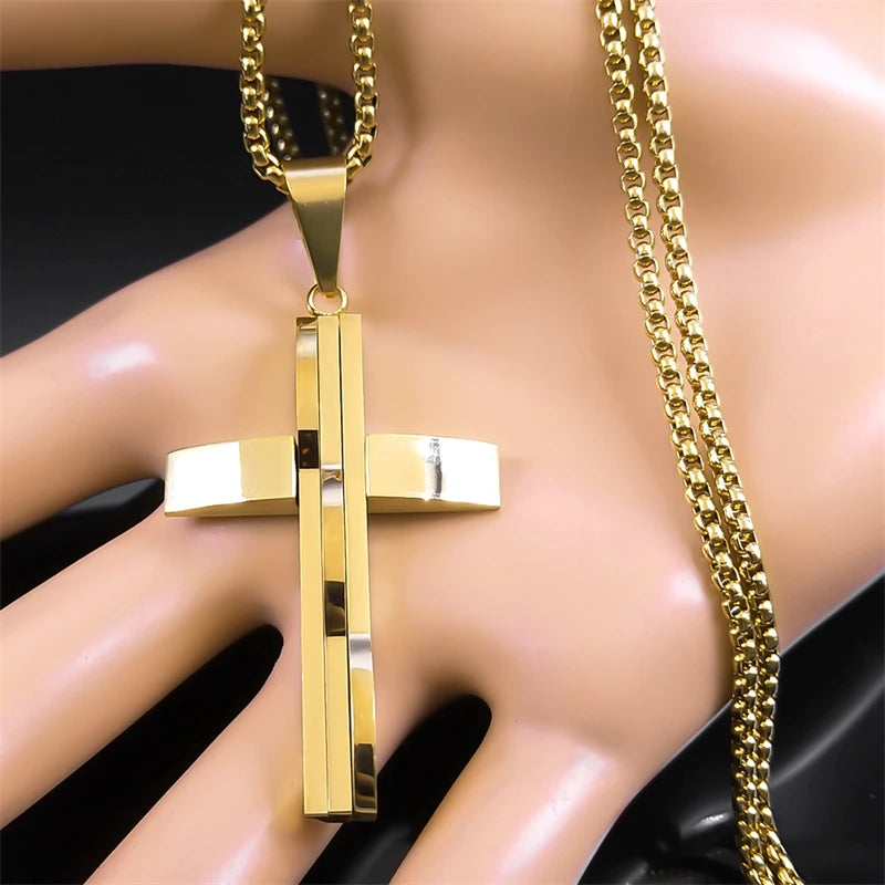Male Punk Cross Pendant Necklace for Women Men Stainless Steel Gold Color Jesus Chain Biker Boyfriend Gift Jewelry