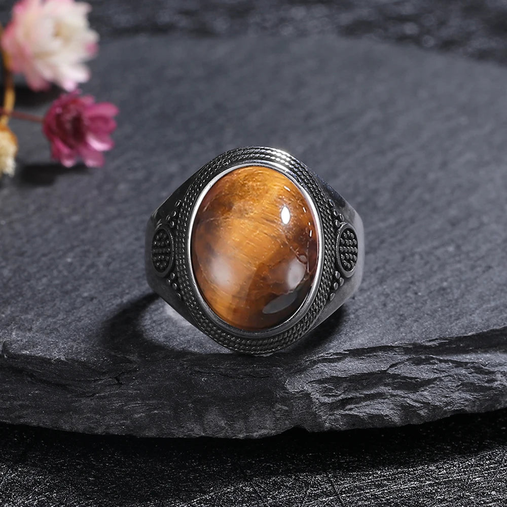 Silver Plated Rings Large Natural 10x14MM Black Agate Ring for Women Men Silver Party Jewelry Tiger Eye Turquoise Lapis