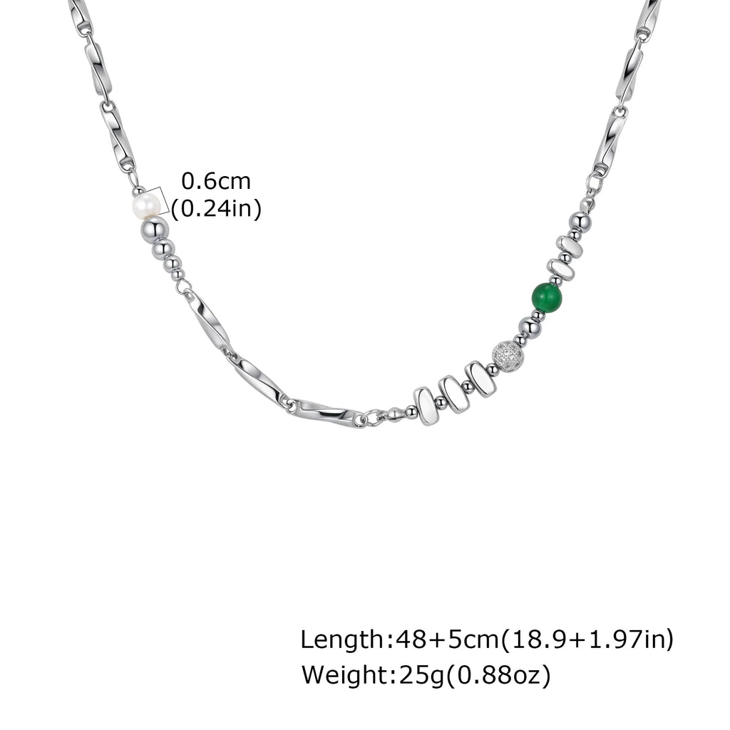 Green Stone Bead Chain Necklace — Stainless Steel
