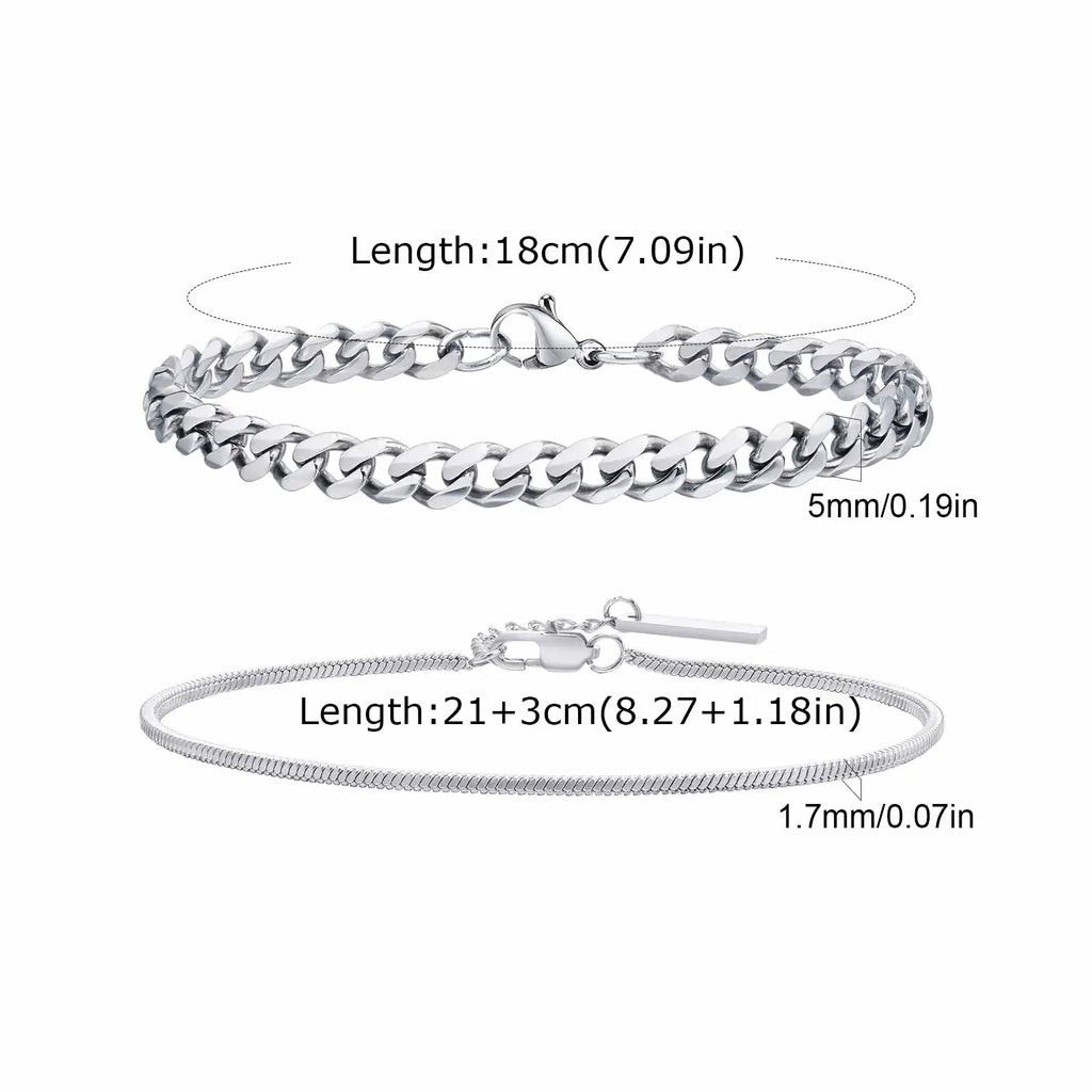 Vnox 2pcs/Set Cuban Figaro Rope Snake Chain Bracelet Set for Men Boys, Gold Black Silver Color Stainless Steel Wristband Jewelry