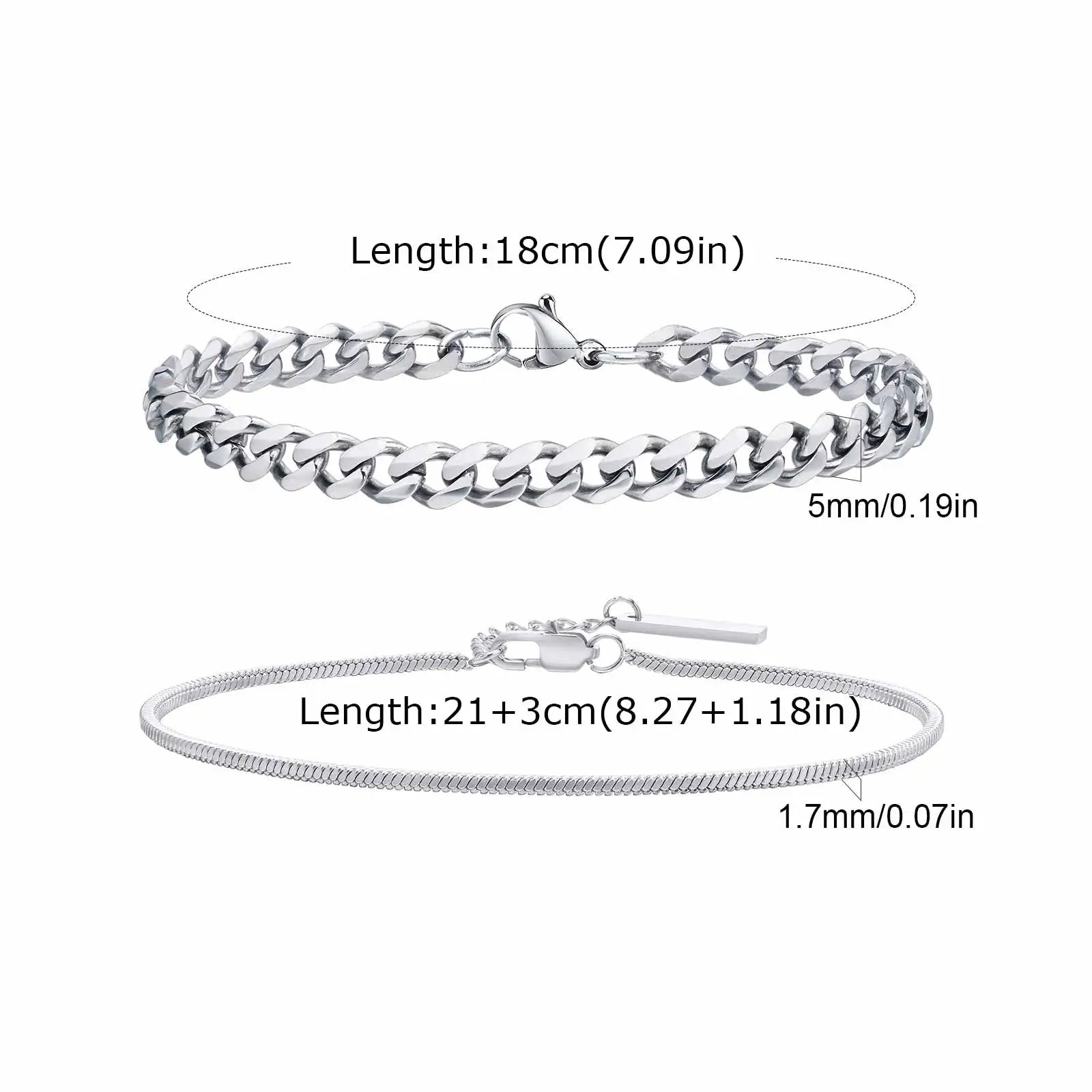 Vnox 2pcs/Set Cuban Figaro Rope Snake Chain Bracelet Set for Men Boys, Gold Black Silver Color Stainless Steel Wristband Jewelry