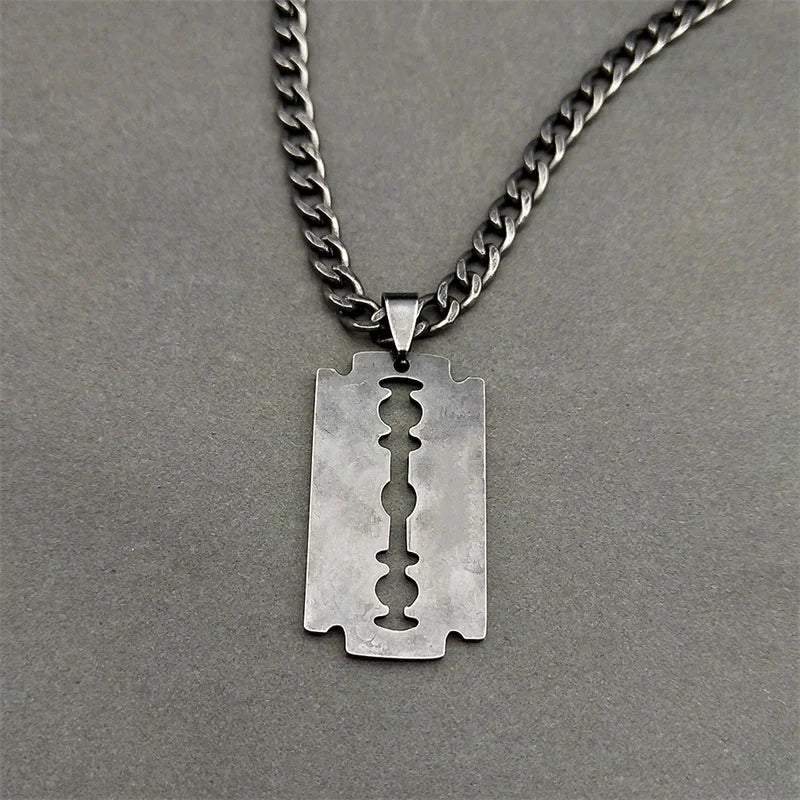 Razor Blade Long Necklace — Black Stainless