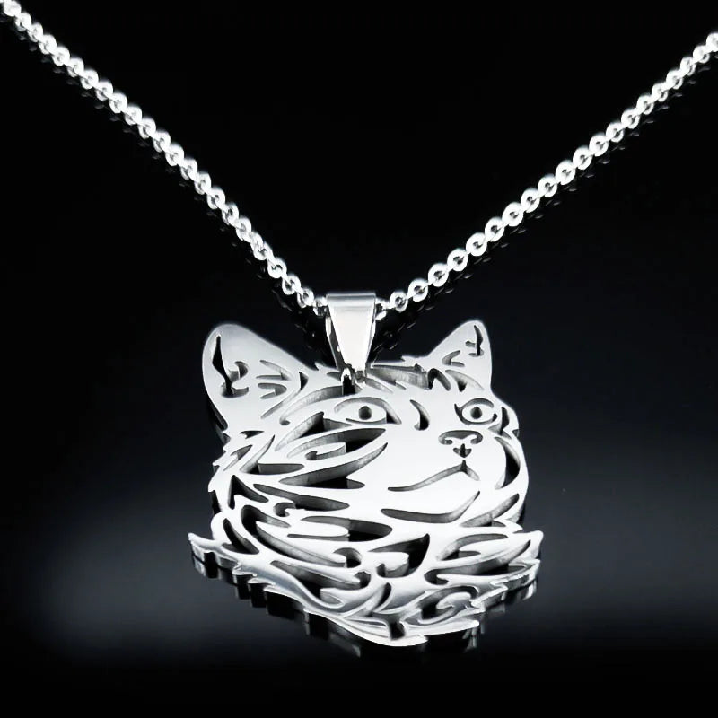 Cat Silver Statement Pendant Necklace — Stainless Steel