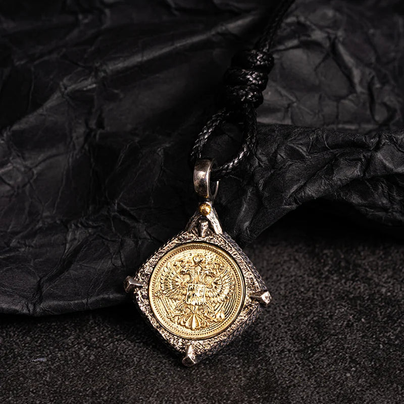 Double Headed Eagle Embossed Silver Inlaid Copper Pendant Necklace  Byzantine Style Vintage Antique Jewelry Gift