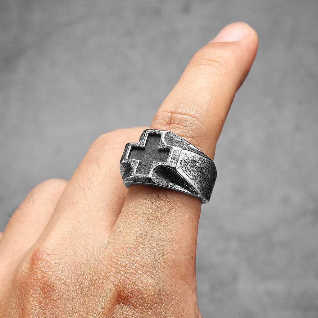Vintage Black Cross Amulet Ring for Men — Stainless Steel