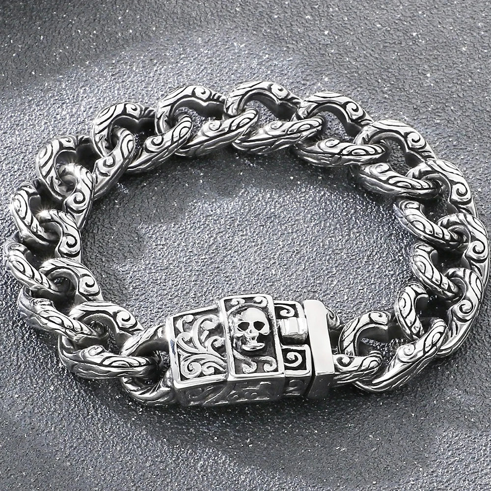 Punk Skeleton Jewelry Vintage Cuban Link Chain Bracelet for Man With Skull Head Clasp 316L Stainless Steel Bracelets