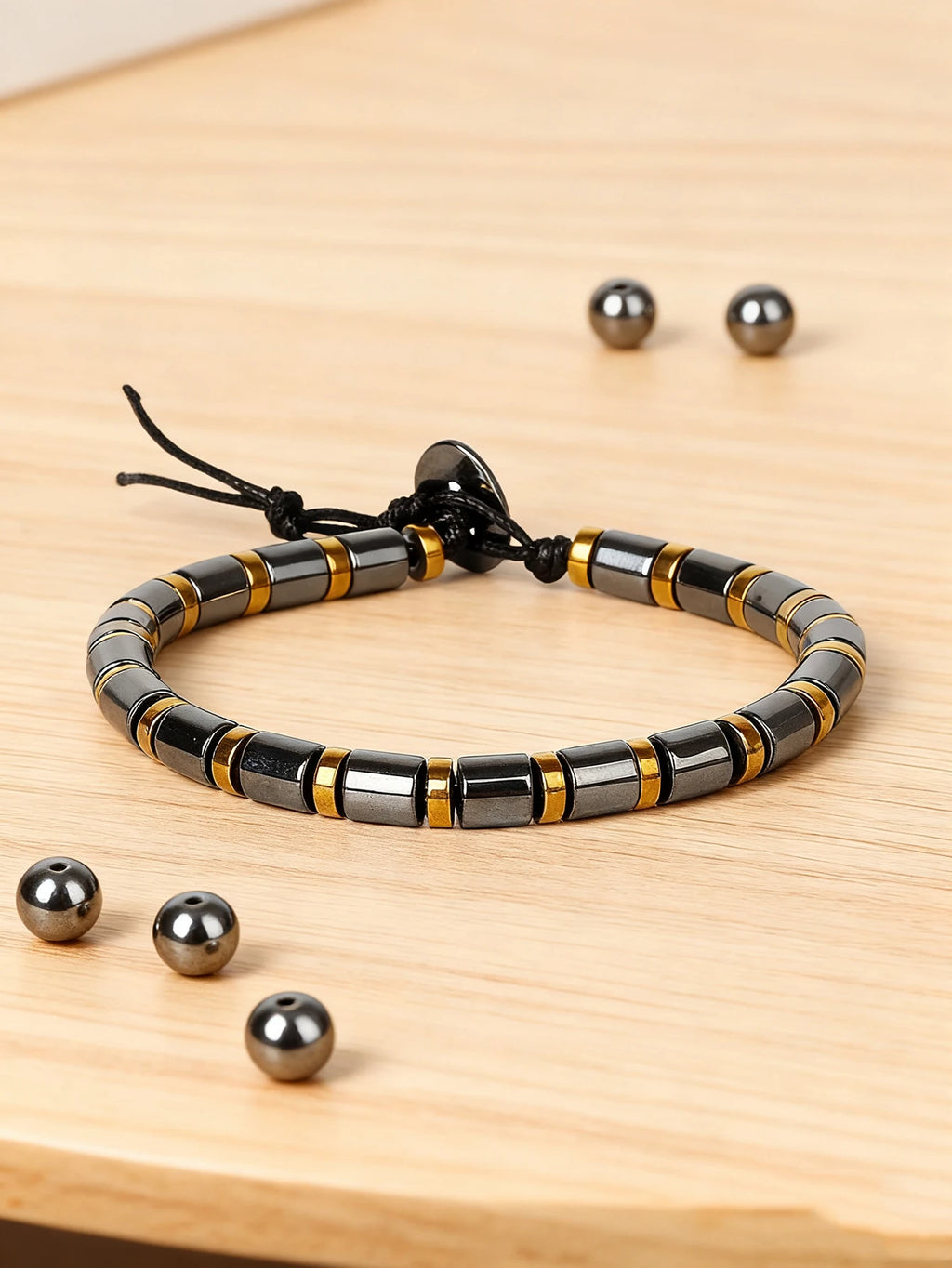 Hematite Stone Bracelet Handmade Woven with Gold color Spacers Cylinder Beads Leather for Energy Protection Reiki Charm Jewelry