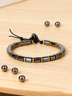 Hematite Stone Bracelet Handmade Woven with Gold color Spacers Cylinder Beads Leather for Energy Protection Reiki Charm Jewelry