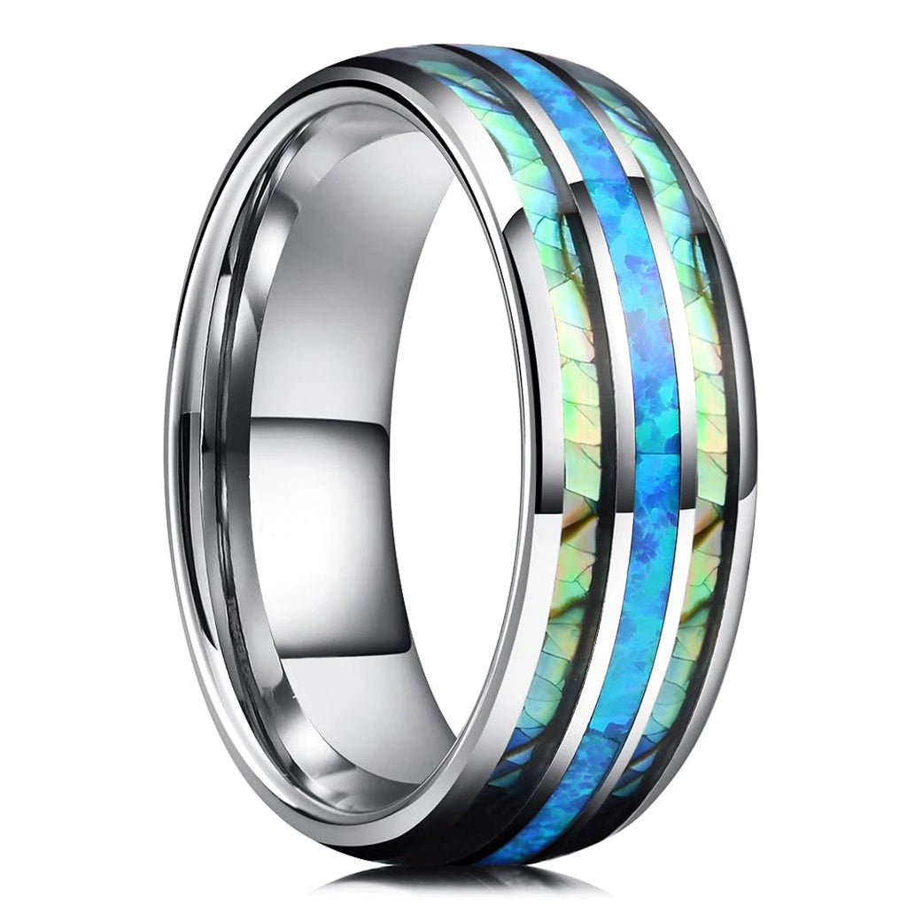 Fashion 8mm Silver Color Men Stainless Steel Ring Inlay Colorful Abalone Shell Rings For Men Women Wedding Band Jewelry Gifts