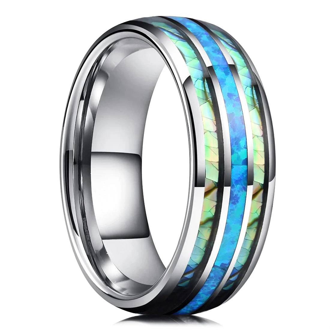 Fashion 8mm Silver Color Men Stainless Steel Ring Inlay Colorful Abalone Shell Rings For Men Women Wedding Band Jewelry Gifts