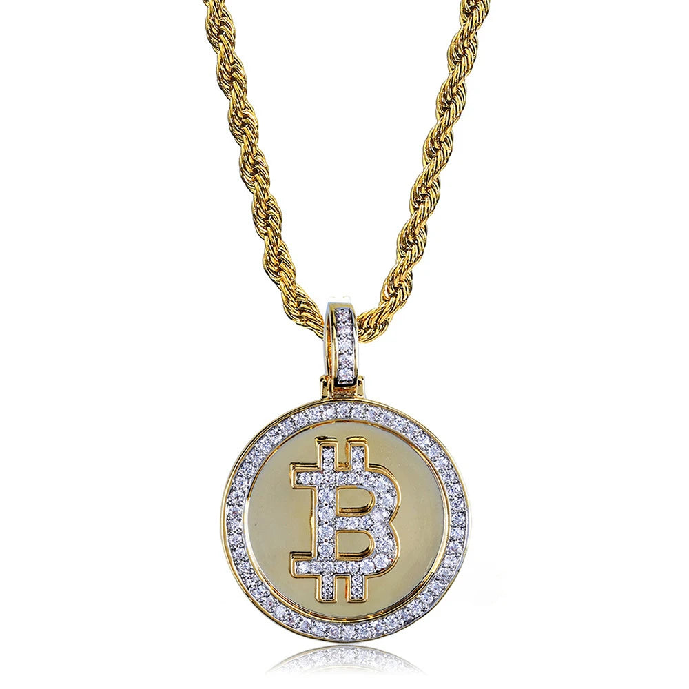 Gold Iced Out Bitcoin Pendant Necklace CZ