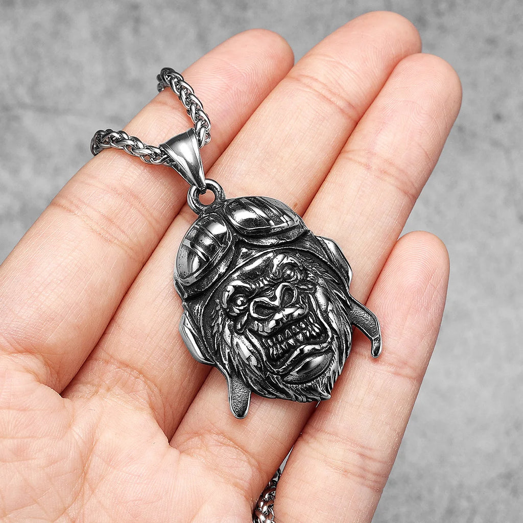 Retro Pilot Gorilla Men Necklace Stainless Steel Pendant Chain Punk Rock Jewelry New In Accessories Rider Gifts Daily