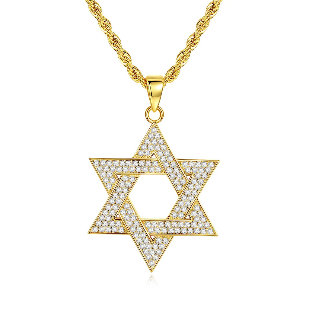 Iced Out Hexagram Pendant Necklace Stainless Steel