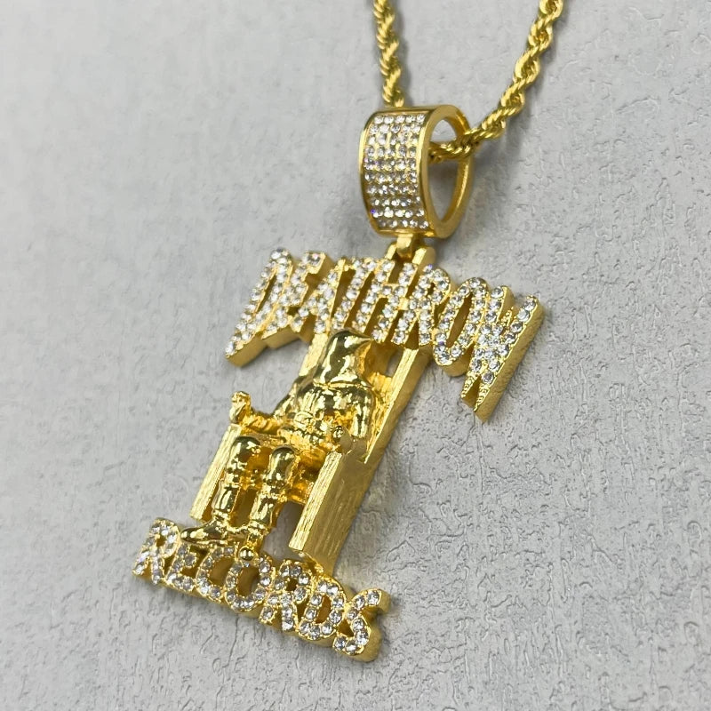 Hip Hop DEATHROW RECORDS Prisoner gold color Necklace with Rhinestones Pendant Accessories For Man Woman Iced Out