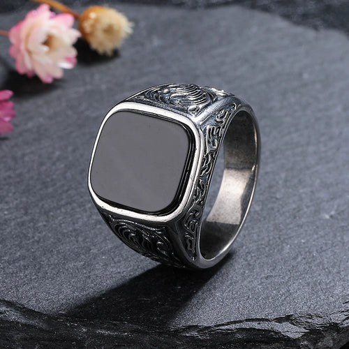 925 Sterling Silver Black Agate Vintage Ring 12x14mm