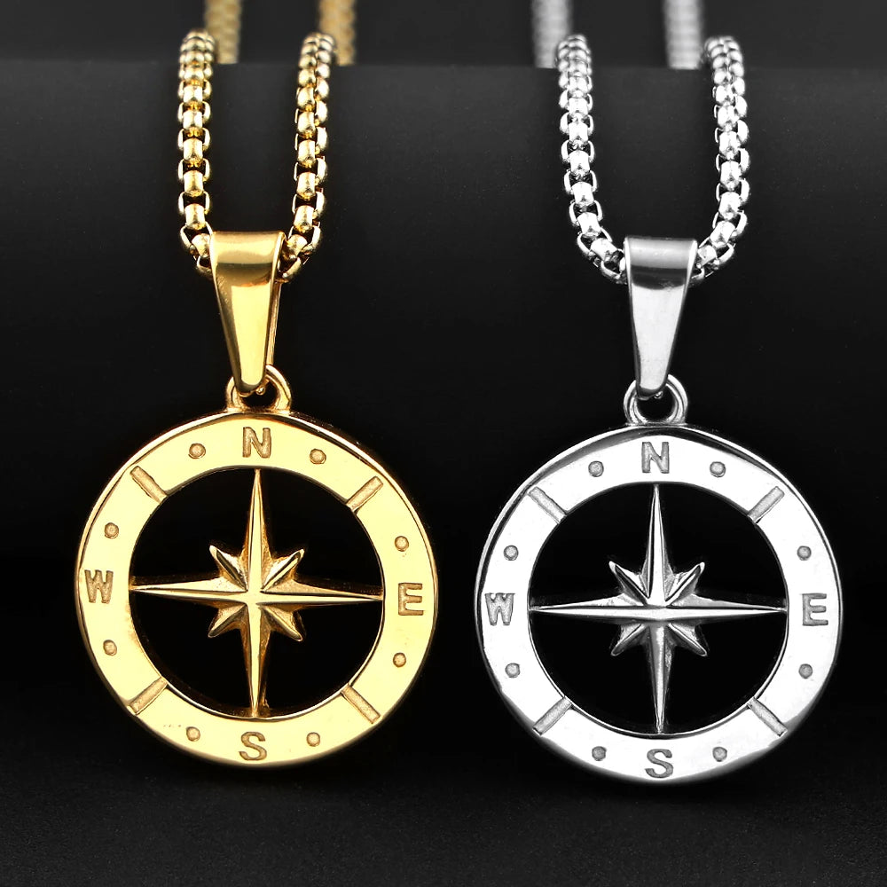 Hollow North Star Compass Pendant Necklace — Stainless Steel