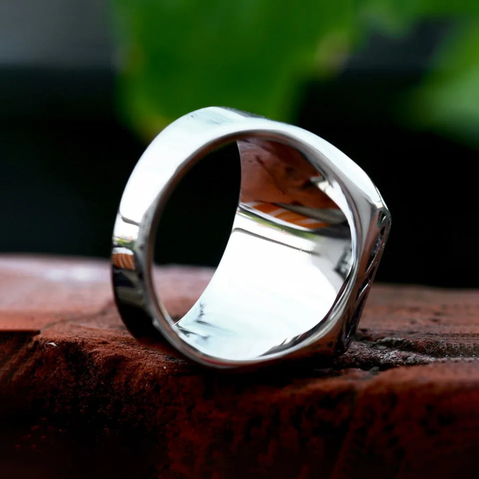 Punk Vintage Rectangle Shape Rings With Black Stone Stainless Steel Cool Fashion Carved Ring For Men Women Amulet Jewelry Gifts