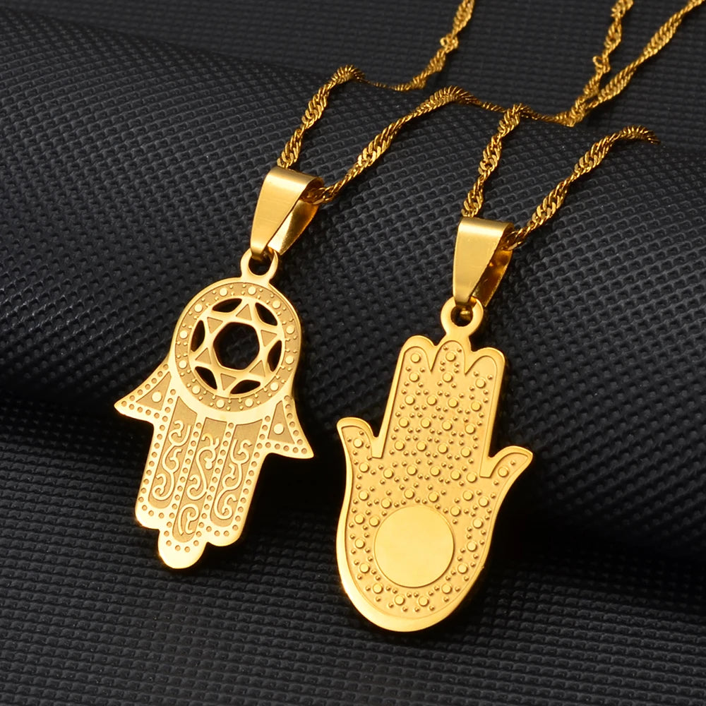 Anniyo Hamsa Hand Pendant Necklaces for Women  Men Arab Middle East Palm Shaped Ethnic Jewelry @276821