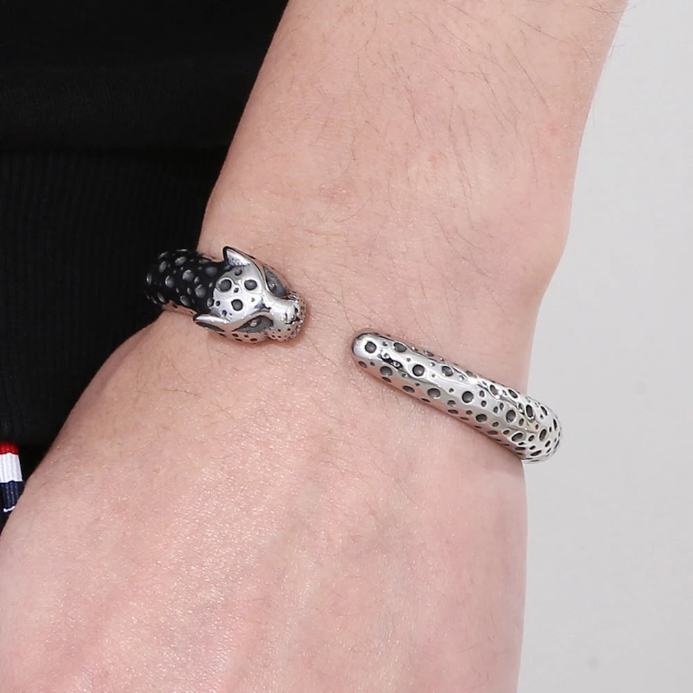 Men's 316l Stainless Steel Leopard Open Bangle Punk Gothic Animal Cuff Bracelet for Man Hip Hop Jewelry Cool Gifts for