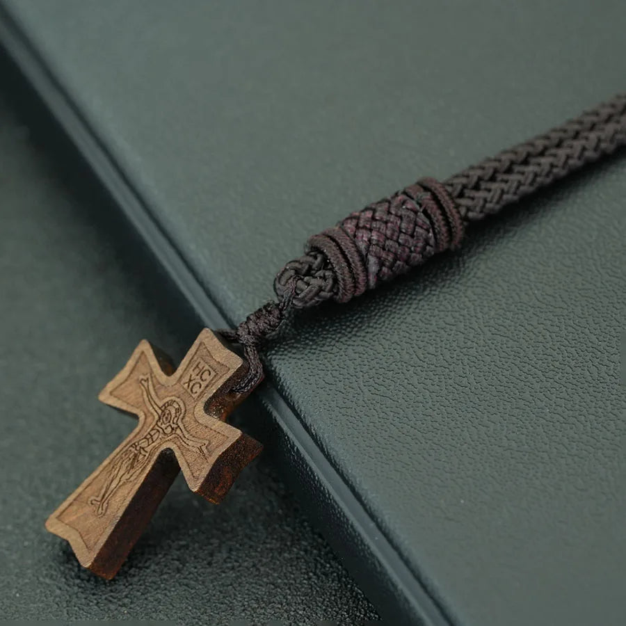 Retro Wooden Cross Pendant Necklace 24" Rope Cord