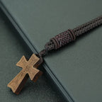 Retro Wooden Cross Pendant Necklace 24" Rope Cord
