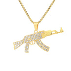 Punk Assault Rifle AK47 Gun Iced Out Shiny CZ Pendant Gold Color Stainless Steel Rapper Necklace Man Hippie Military Jewelry