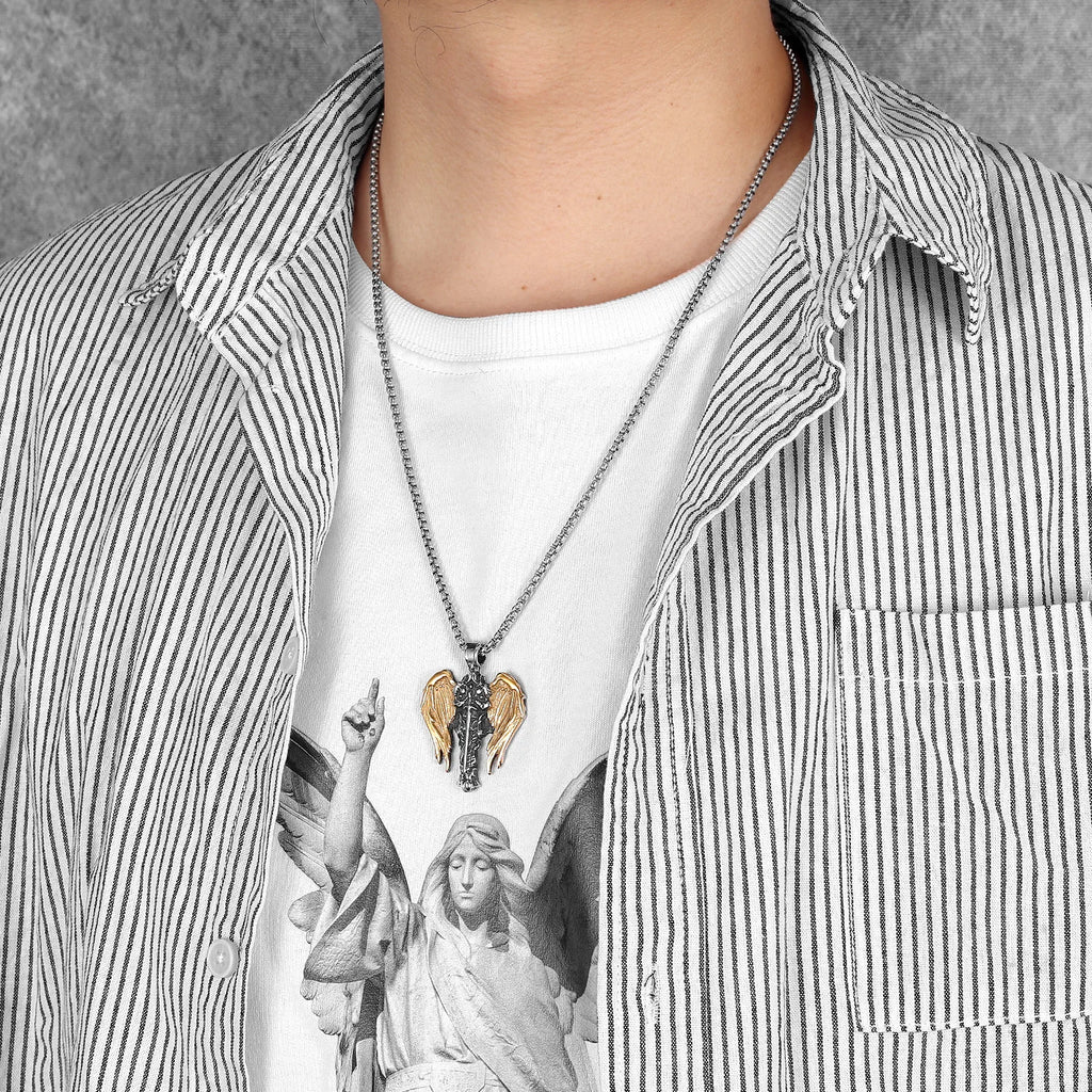 Archangel Pendant 316L Stainless Steel St.Michael Wings Necklaces Men Powerful Amulet Chain Punk Jewelry Best Gift Dropshipping