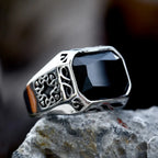 Punk Vintage Rectangle Shape Rings With Black Stone Stainless Steel Cool Fashion Carved Ring For Men Women Amulet Jewelry Gifts