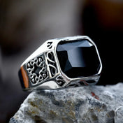 Punk Vintage Rectangle Shape Rings With Black Stone Stainless Steel Cool Fashion Carved Ring For Men Women Amulet Jewelry Gifts