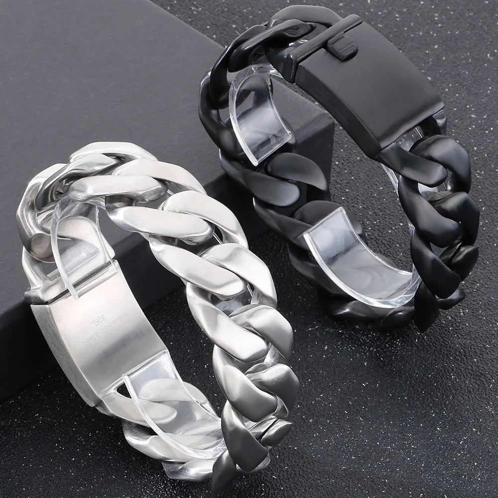 Classic 24MM Width Curb Cuban Link Chain Men Bracelet for Man Matte Brushed Stainless Steel Men's Bracelets Massive