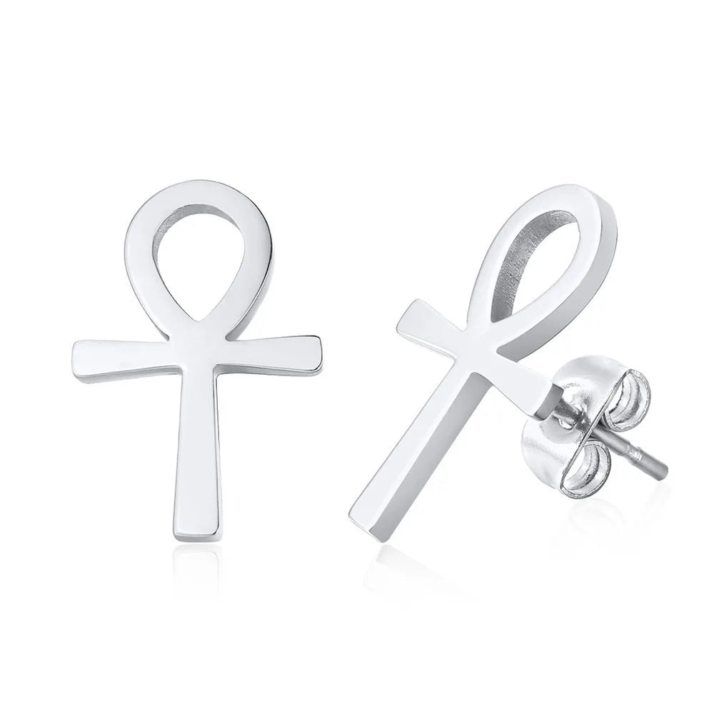 Ankh Cross Huggie Hoop Earrings — Stainless Steel