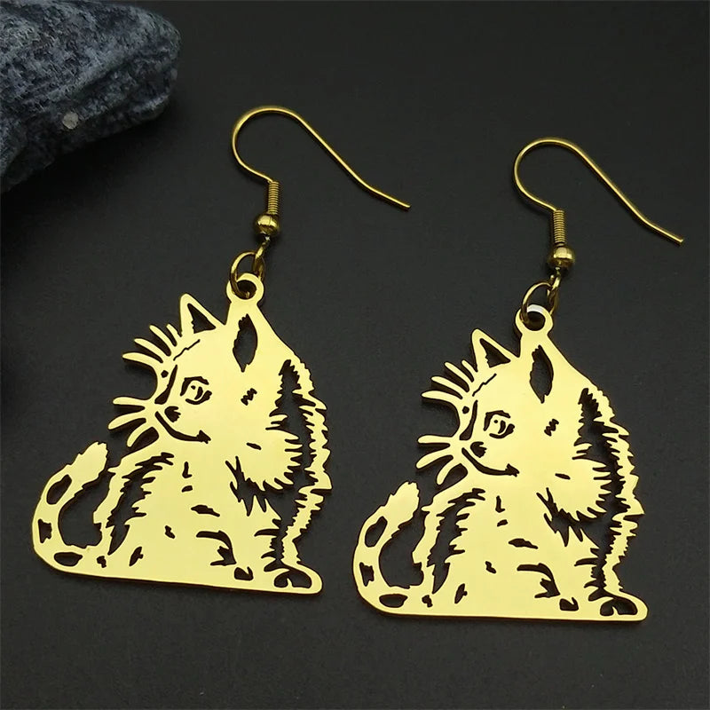 Cat Gold Earrings Cute Kitty Animal Hollow Hoop