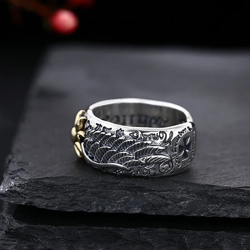 Retro Sun Wings Graffiti Ring for Men — Adjustable, Silver-Tone