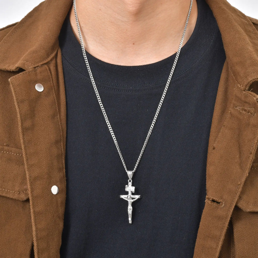 Vnox Stainless Steel Catholic Jesus Cross Necklace for Men Women, Crucifix Pendant with 60cm Cuban Chain, Religious