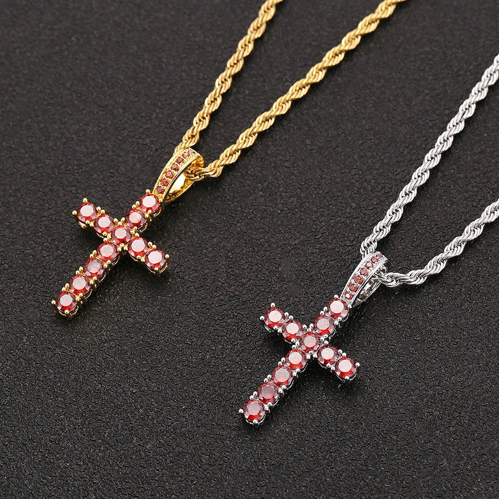 Two-Tone Iced Out Cross Pendant Red Zircon