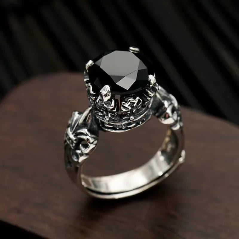 Black agate open ring for men and women, fashionable and trendy, retro style ring ring