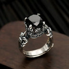 Black agate open ring for men and women, fashionable and trendy, retro style ring ring