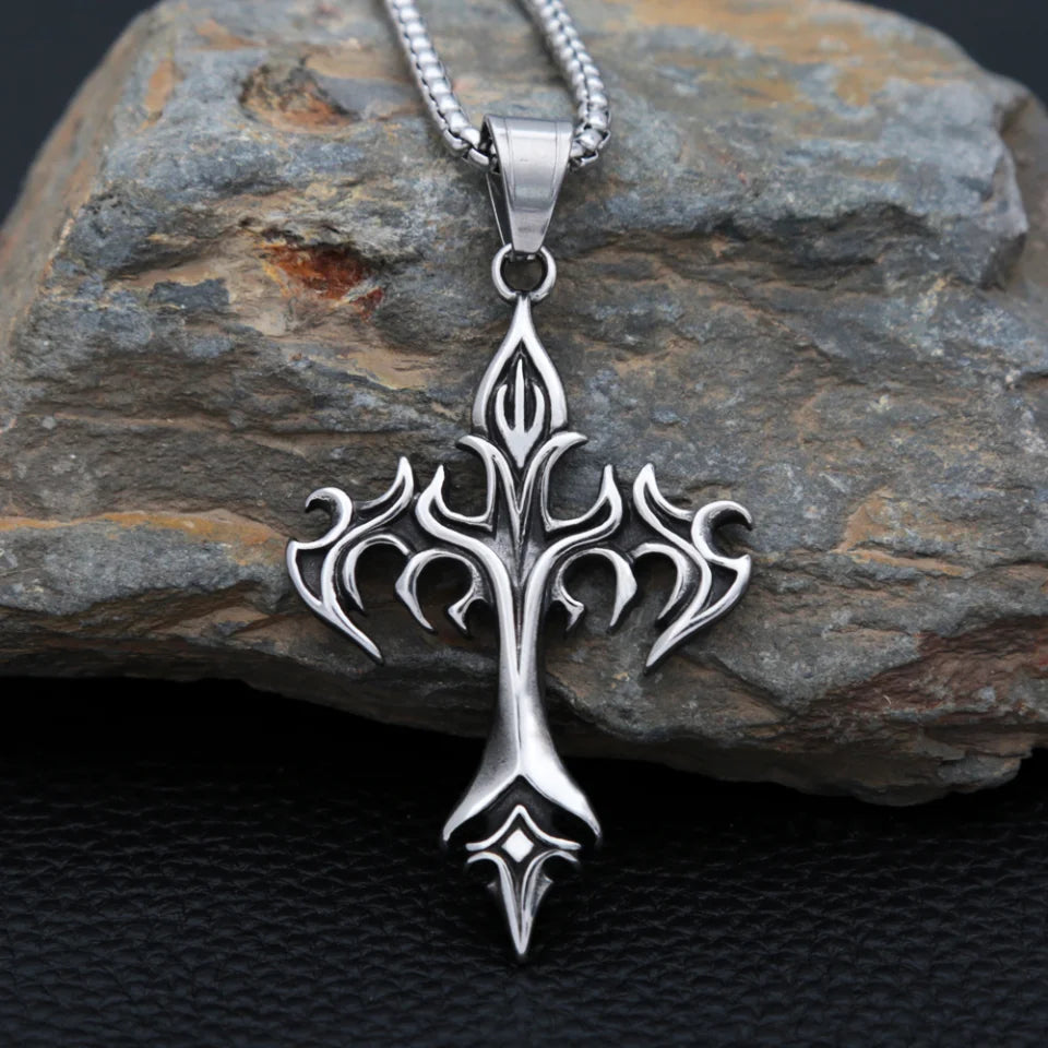 Flame Cross Pendant Necklace — Stainless Steel