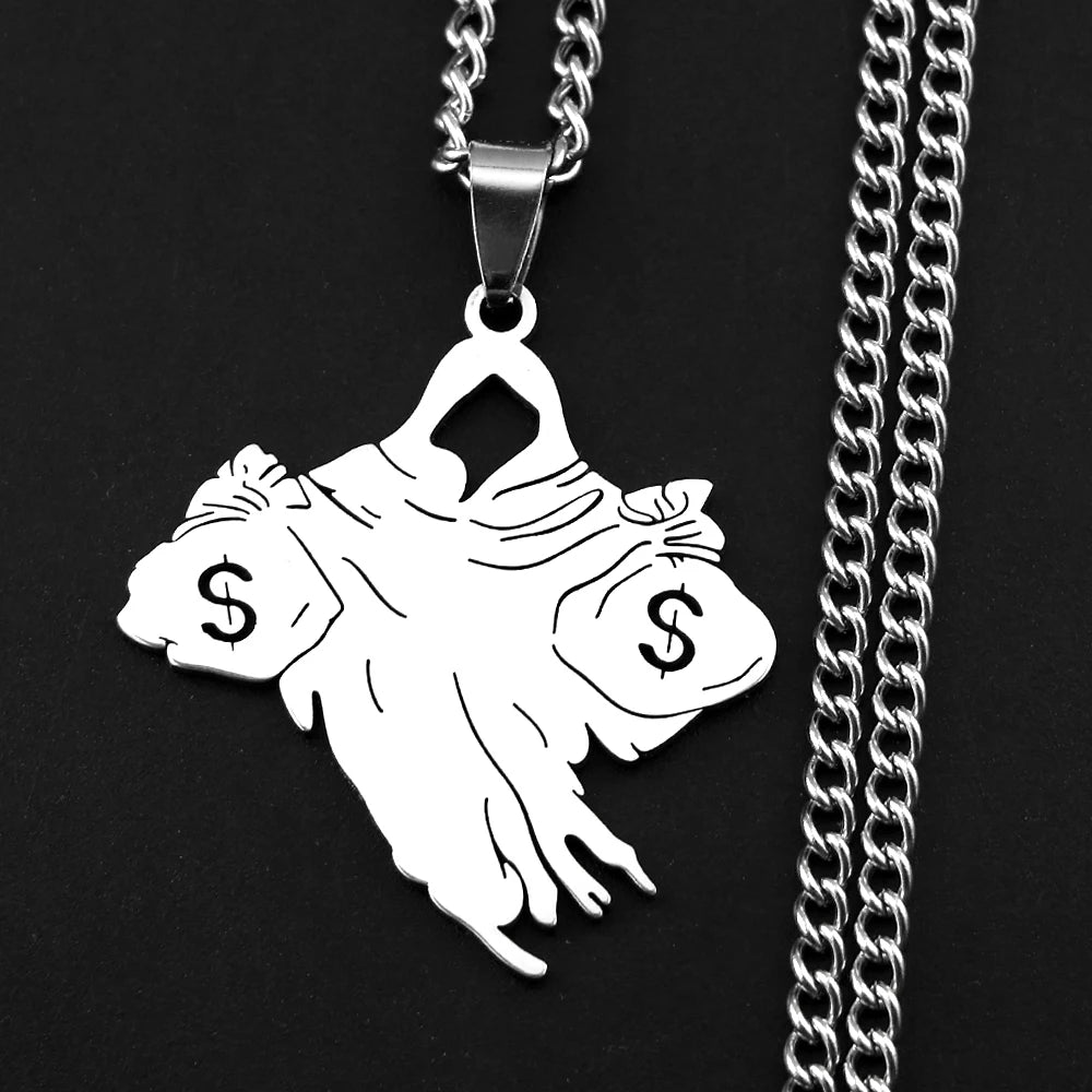 Money Bag Dollar Sign Pendant Necklace — Stainless Steel