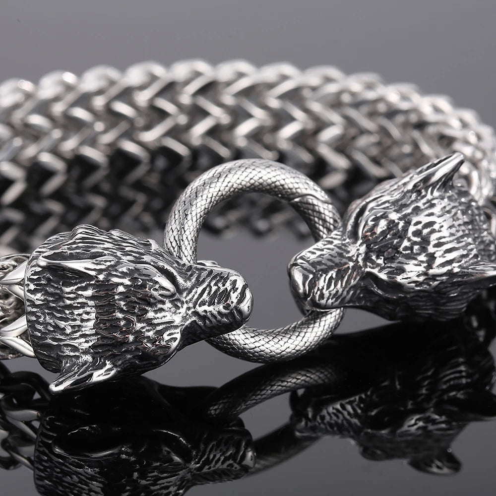 Viking Wolf Head Bracelet for Man With Square Franco Link Chain Stainless Steel Men's Bracelets Masculine Norse