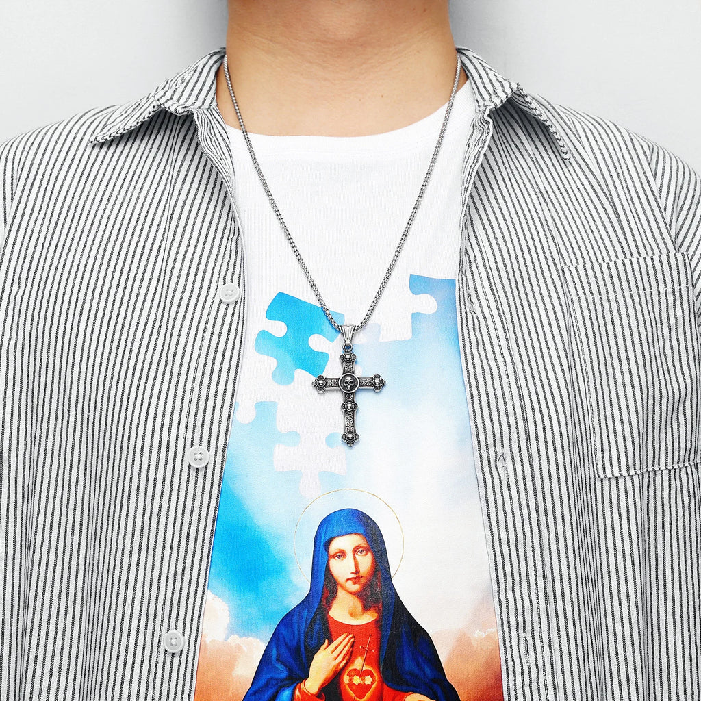 316L Stainless Steel Cross Necklaces Skull Men Pendant Top Quality Chain Religion Rock Punk Rap for Biker Male Jewelry Best Gift