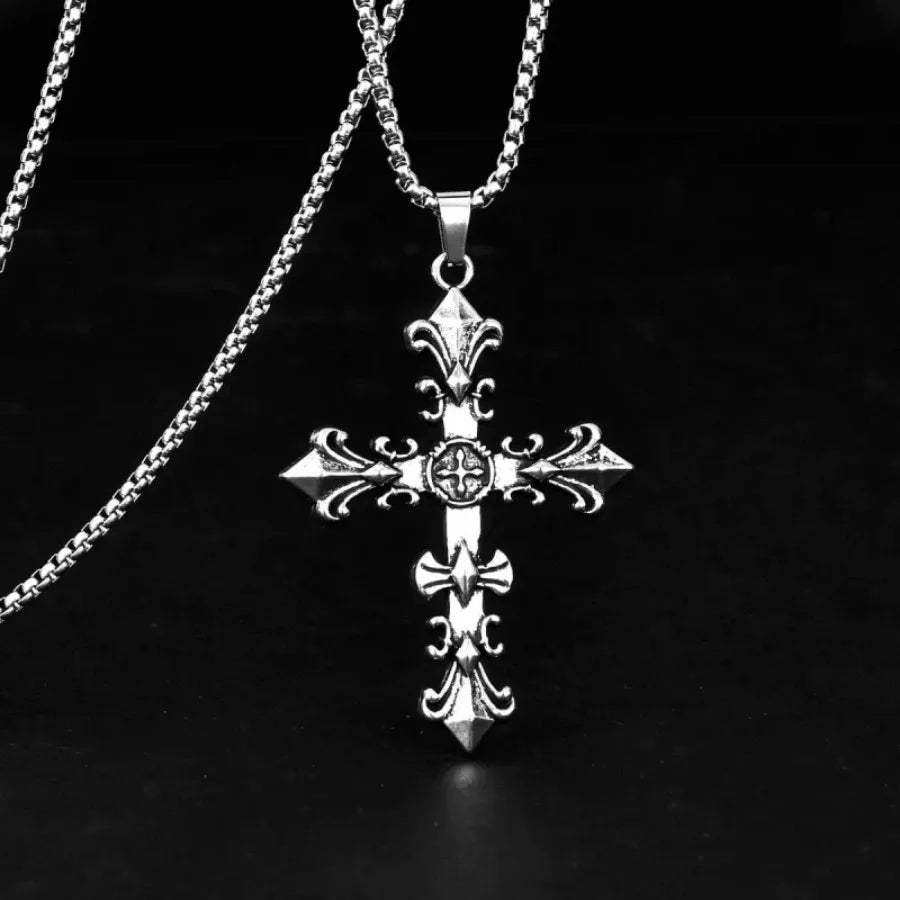 Fashion Stainless Steel Jewelry Set for Men Unisex Vintage Silver Color Cross Pendant Necklace, Bracelet Sets Punk