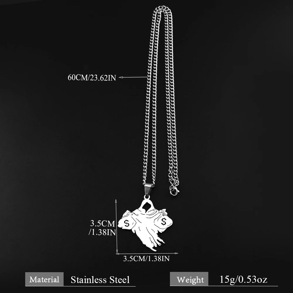 Money Bag Dollar Sign Pendant Necklace — Stainless Steel