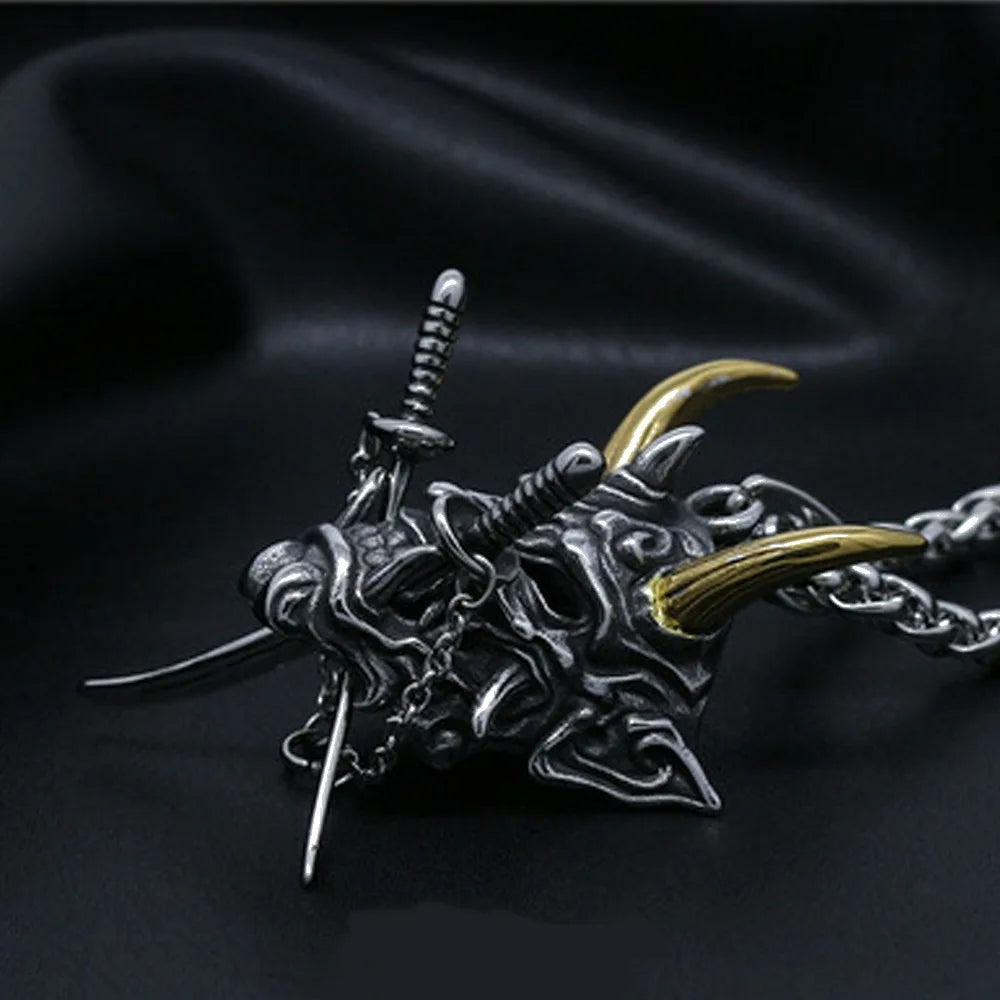 Samurai Prajna Mask Pendant Necklace — Stainless Steel