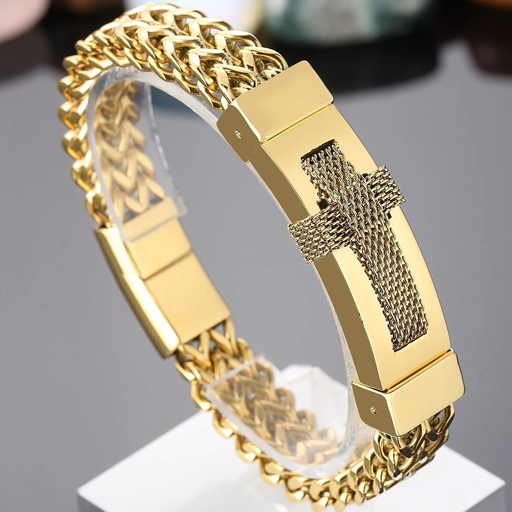 Christian Cross Bracelet for Man Gold Color Stainless Steel Men's Wrist Bracelets On Hand Man Jewellery Accessories