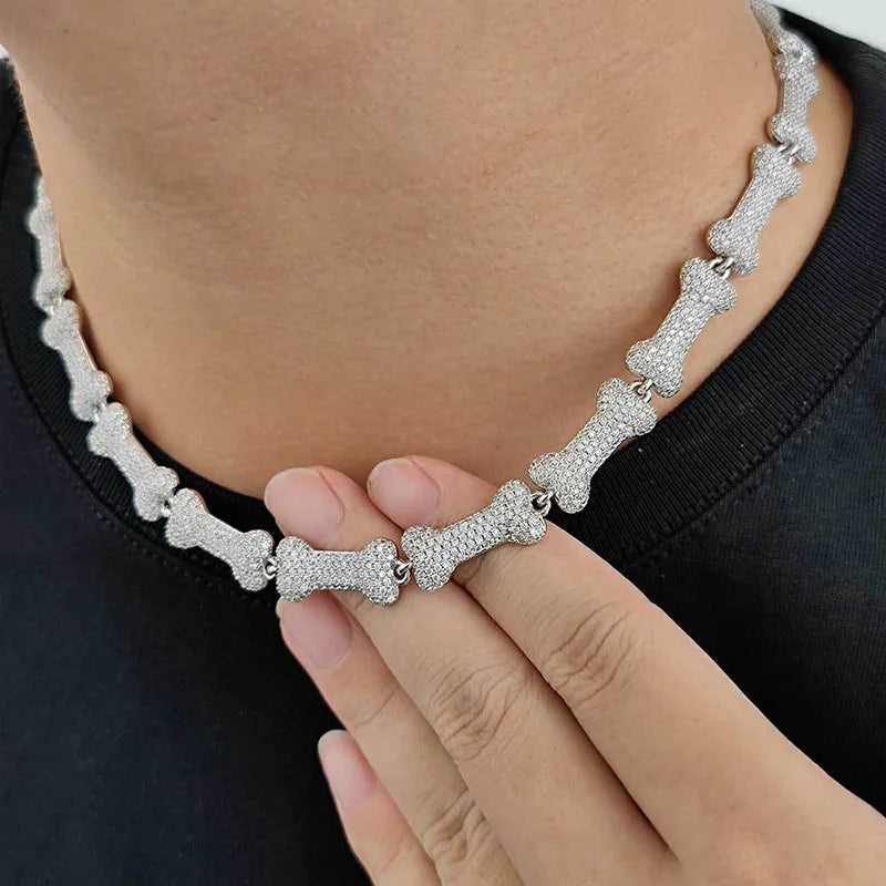 HIP Hop 3A+ CZ Stone Paved Bling Iced Out 10mm Bone Shape Link Chain Necklace for Men Rapper Jewelry Gift