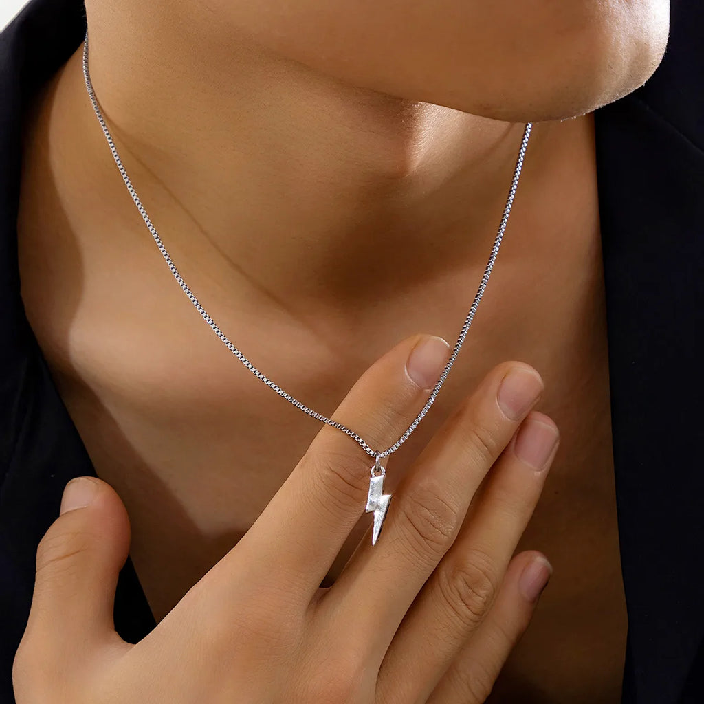 KunJoe Punk Metal Geometry Lightning Pendant Necklace for Men Simple Silver Color Box Chain Choker Necklace Hip Hop