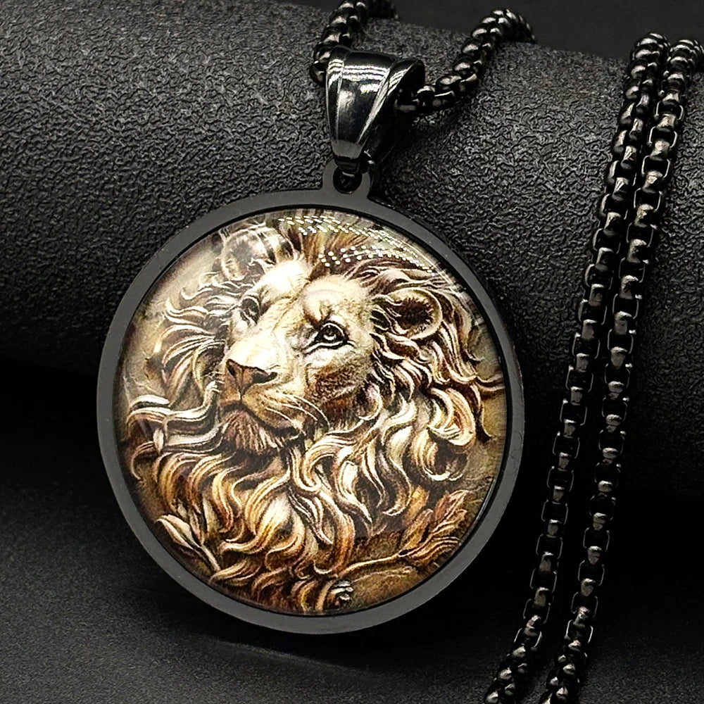 Lion King Glass Round Medallion Pendant — Gold