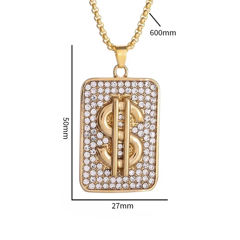 Men\'s Hip Hop Iced Out Dollar Sign Money Pendant Necklace Men\'s Punk Rap Rock Party Jewelry