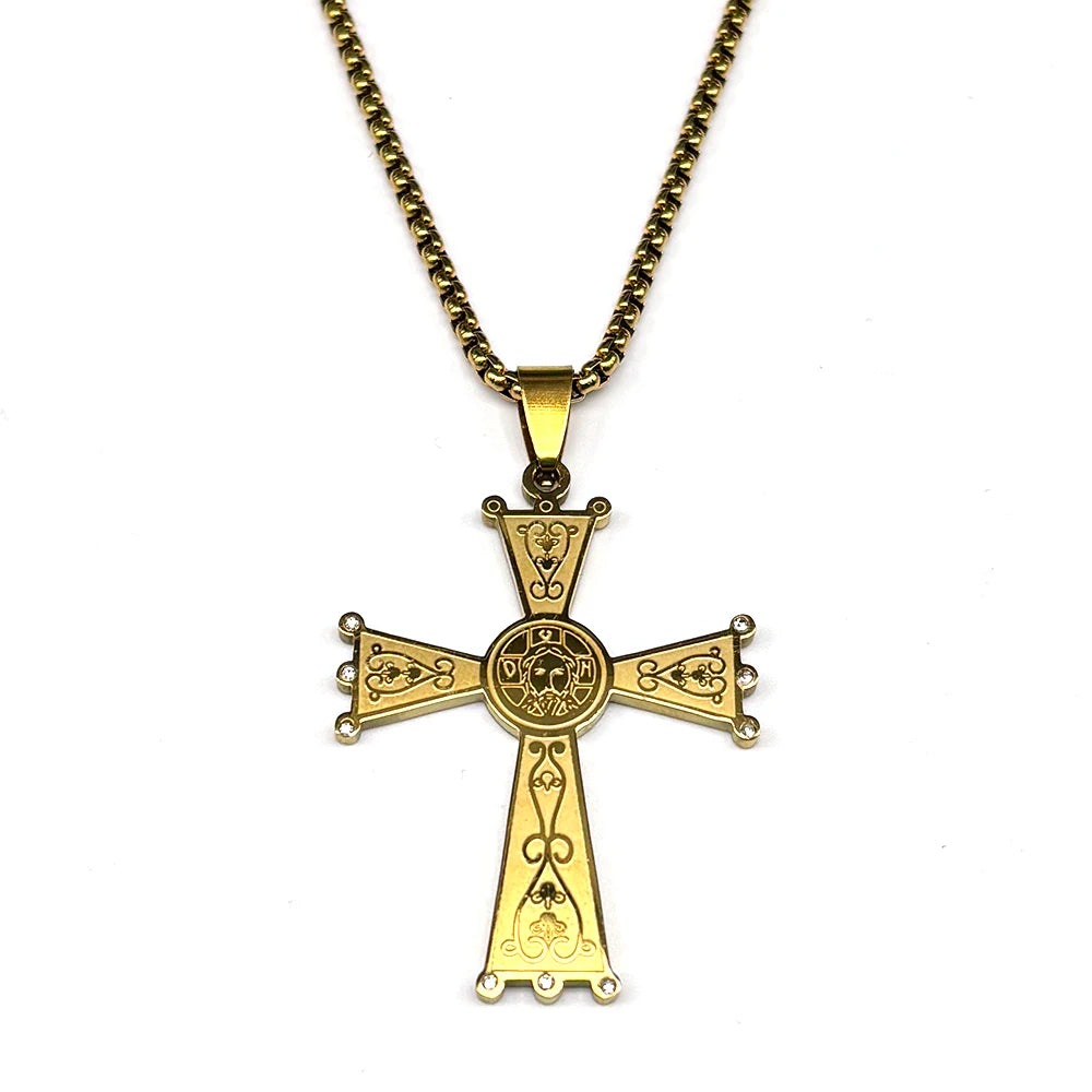 Christian Baroque Style Jesus Cross Pendant Necklace for Women Men Stainless Steel Gold Color Rhinestone Holy Pray